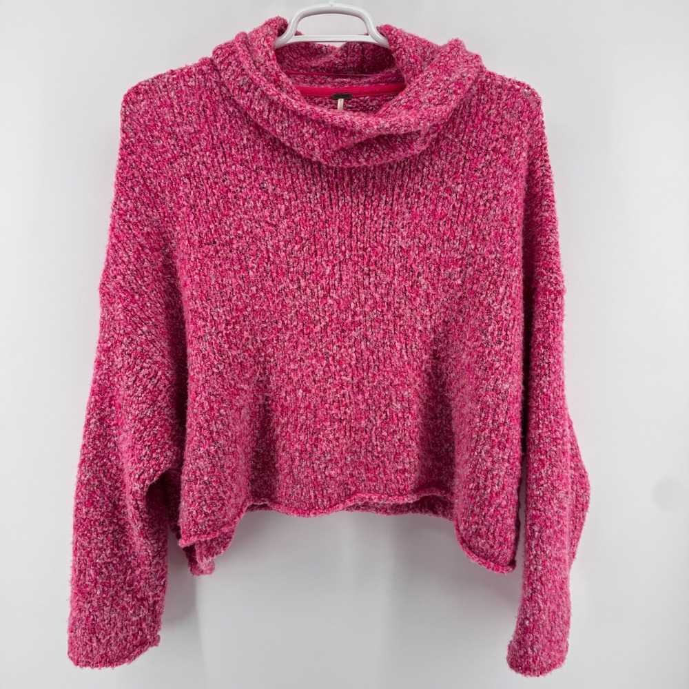 Free People BFF Sweater Womens M Pink Boucle Cowl Neck Cropped Slouchy